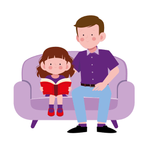 A drawing of a child and their parent reading a book on the sofa