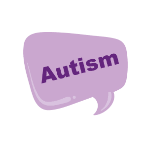 A speech bubble which reads "Autism"